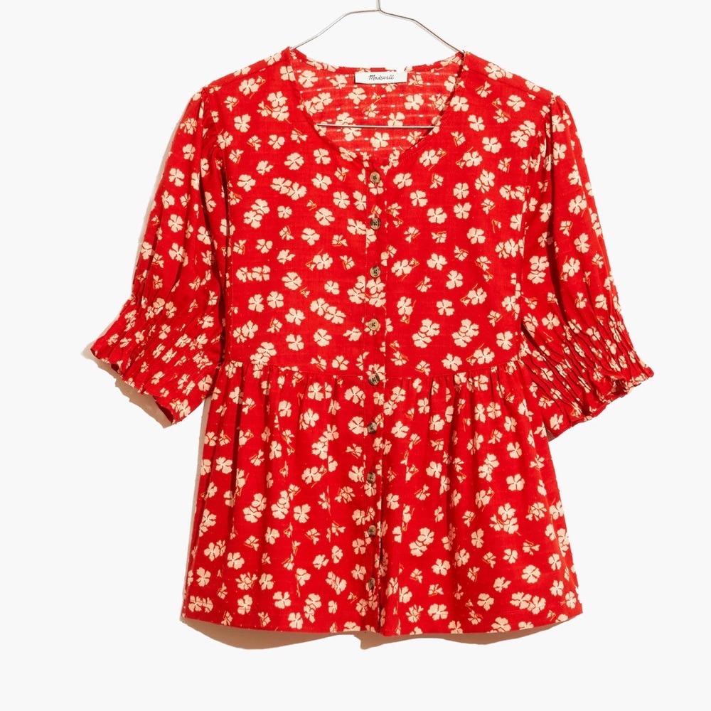 Madewell Puff-Sleeve Button-Front Top in Swiss Dot Happy Hibiscus Cotton